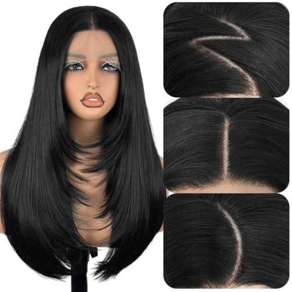Long Black Layered Lace Front Wig Synthetic Straight‎ Middle Part Heat Resistant